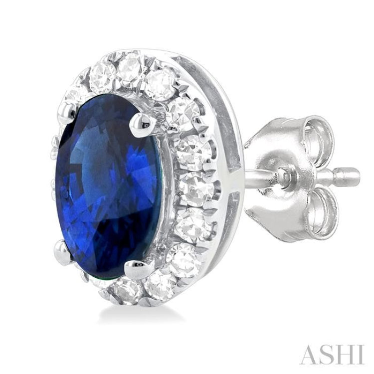 5x3 MM Oval Shape Sapphire and 1/8 Ctw Single Cut Diamond Halo Precious Stud Earrings in 10K White Gold