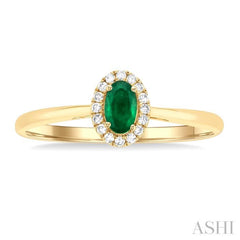 5x3 MM Oval Shape Emerald and 1/20 Ctw Single Cut Diamond Halo Precious Ring in 10K Yellow Gold