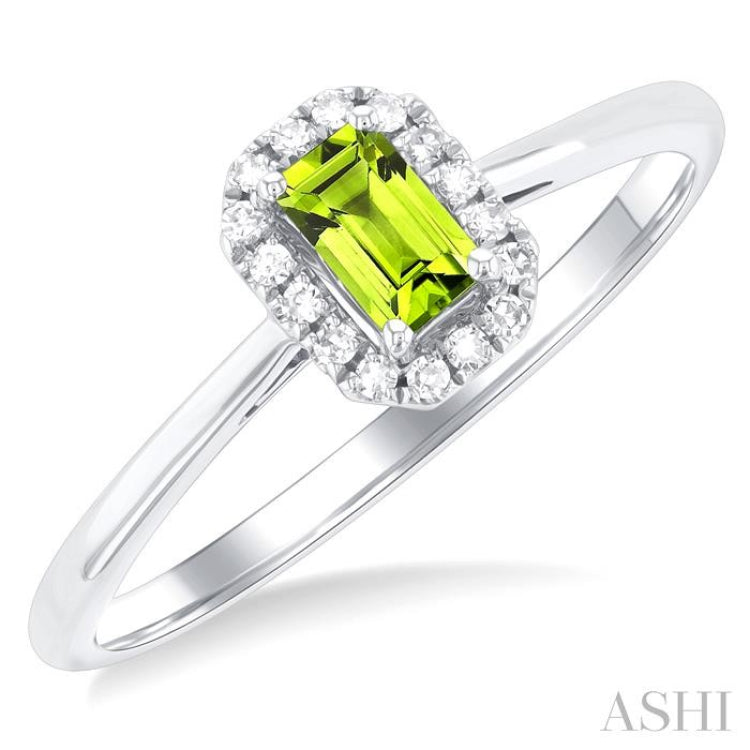 5x3 MM Octagonal Shape Peridot and 1/20 Ctw Round Cut Diamond Halo Semi-Precious Ring in 10K White Gold