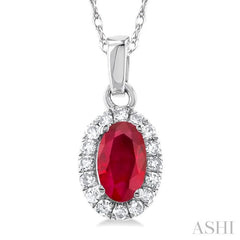 5x3 MM Oval Shape Ruby and 1/20 Ctw Single Cut Diamond Halo Precious Pendant with Chain in 14K White Gold