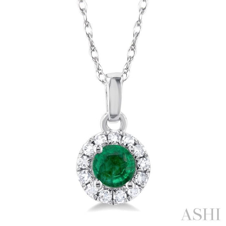 3.25 MM Round Emerald and 1/20 Ctw Single Cut Diamond Halo Precious Pendant with Chain in 10K White Gold