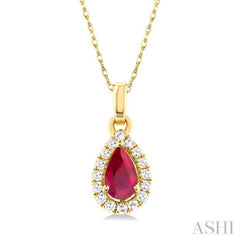 5x3 MM Pear Shape Ruby and 1/20 Ctw Single Cut Diamond Halo Precious Pendant with Chain in 14K Yellow Gold