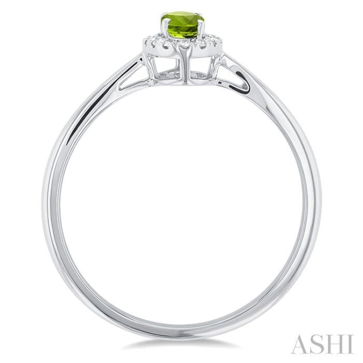 5x3 MM Oval Shape Peridot and 1/20 Ctw Single Cut Diamond Halo Semi-Precious Ring in 14K White Gold
