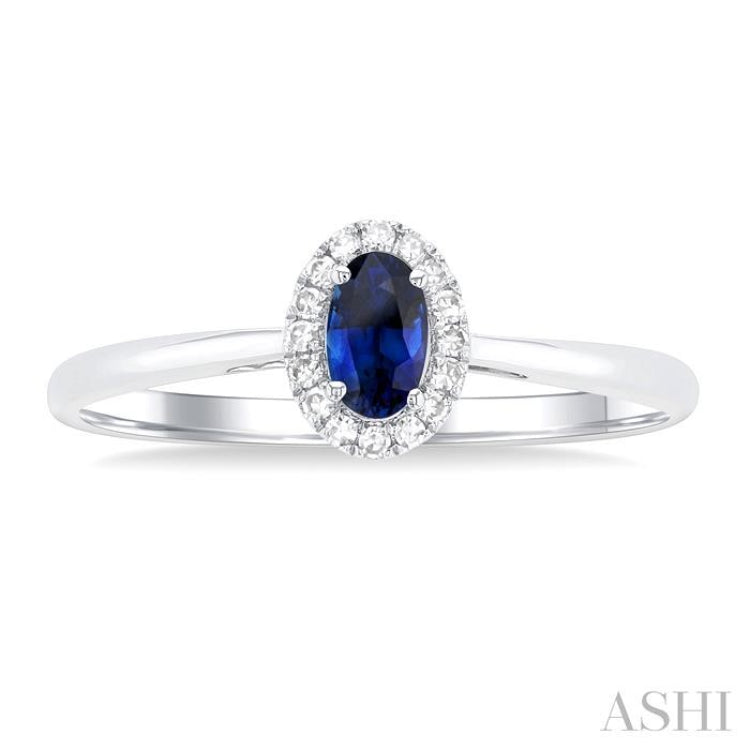 5x3 MM Oval Shape Sapphire and 1/20 Ctw Single Cut Diamond Halo Precious Ring in 10K White Gold