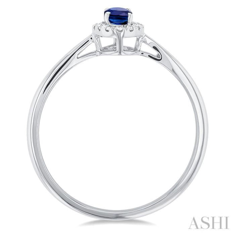 5x3 MM Oval Shape Sapphire and 1/20 Ctw Single Cut Diamond Halo Precious Ring in 14K White Gold