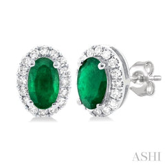 5x3 MM Oval Shape Emerald and 1/8 Ctw Single Cut Diamond Halo Precious Stud Earrings in 14K White Gold