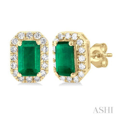5x3 MM Octagonal Shape Emerald and 1/8 Ctw Single Cut Diamond Halo Precious Stud Earrings in 14K Yellow Gold