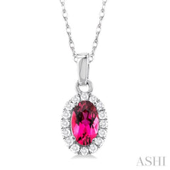 5x3 MM Oval Shape Pink Tourmaline and 1/20 Ctw Single Cut Diamond Halo Semi-Precious Pendant with Chain in 14K White Gold