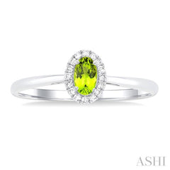 5x3 MM Oval Shape Peridot and 1/20 Ctw Single Cut Diamond Halo Semi-Precious Ring in 10K White Gold