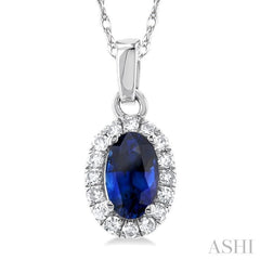 5x3 MM Oval Shape Sapphire and 1/20 Ctw Single Cut Diamond Halo Precious Pendant with Chain in 14K White Gold