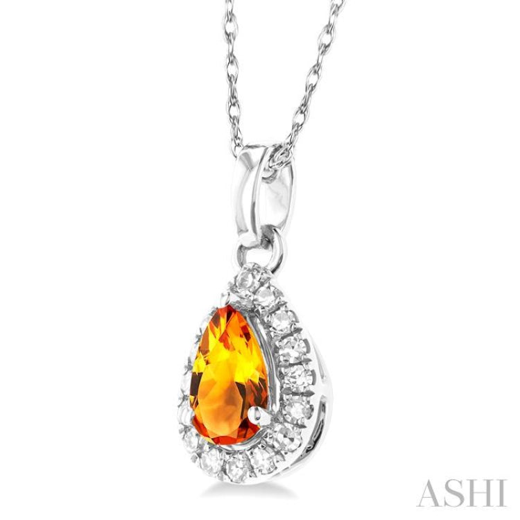 5x3 MM Pear Shape Citrine and 1/20 Ctw Single Cut Diamond Halo Semi-Precious Pendant with Chain in 10K White Gold
