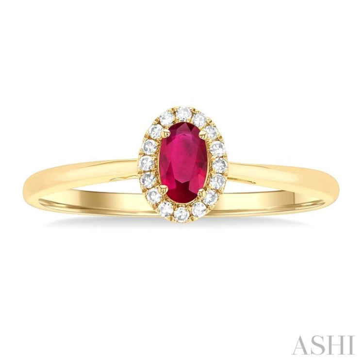 5x3 MM Oval Shape Ruby and 1/20 Ctw Round Cut Diamond Halo Precious Ring in 14K Yellow Gold