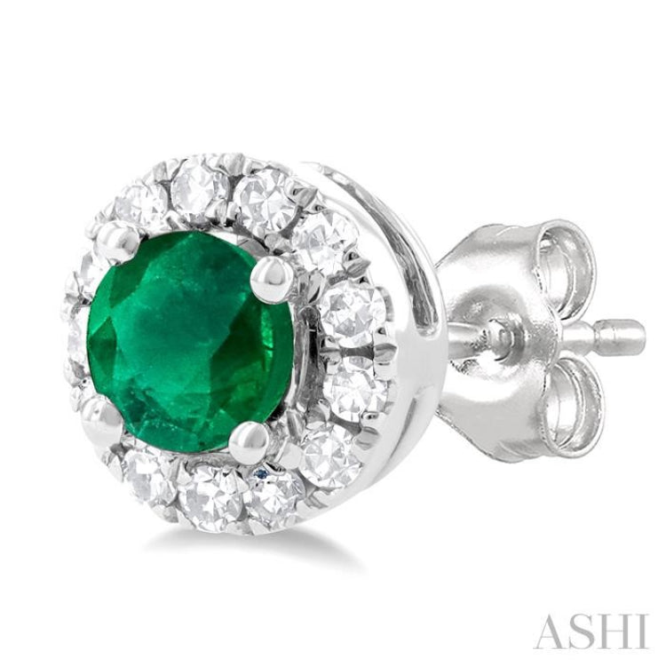 3.25 MM Round Emerald and 1/10 Ctw Single Cut Diamond Halo Precious Stud Earrings in 10K White Gold