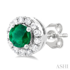 3.25 MM Round Emerald and 1/10 Ctw Single Cut Diamond Halo Precious Stud Earrings in 10K White Gold