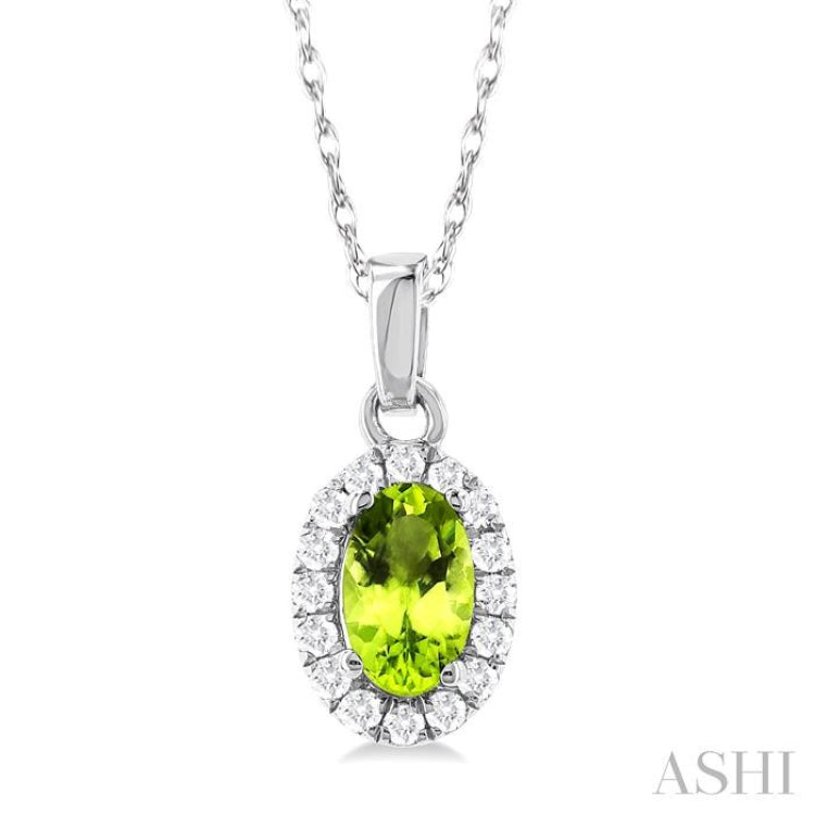 5x3 MM Oval Shape Peridot and 1/20 Ctw Round Cut Diamond Halo Semi-Precious Pendant with Chain in 14K White Gold