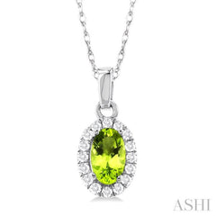 5x3 MM Oval Shape Peridot and 1/20 Ctw Round Cut Diamond Halo Semi-Precious Pendant with Chain in 14K White Gold