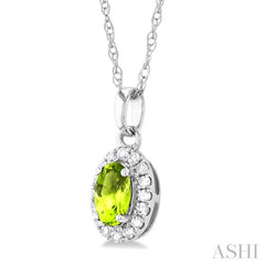 5x3 MM Oval Shape Peridot and 1/20 Ctw Round Cut Diamond Halo Semi-Precious Pendant with Chain in 14K White Gold
