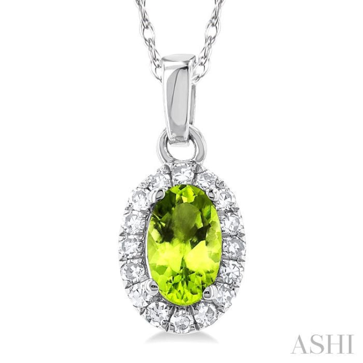 5x3 MM Oval Shape Peridot and 1/20 Ctw Round Cut Diamond Halo Semi-Precious Pendant with Chain in 14K White Gold