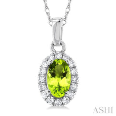 5x3 MM Oval Shape Peridot and 1/20 Ctw Round Cut Diamond Halo Semi-Precious Pendant with Chain in 14K White Gold