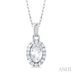5x3 MM Oval Shape White Topaz and 1/20 Ctw Single Cut Diamond Halo Semi-Precious Pendant with Chain in 14K White Gold