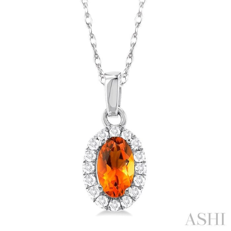 5x3 MM Oval Shape Citrine and 1/20 Ctw Single Cut Diamond Halo Semi-Precious Pendant with Chain in 10K White Gold