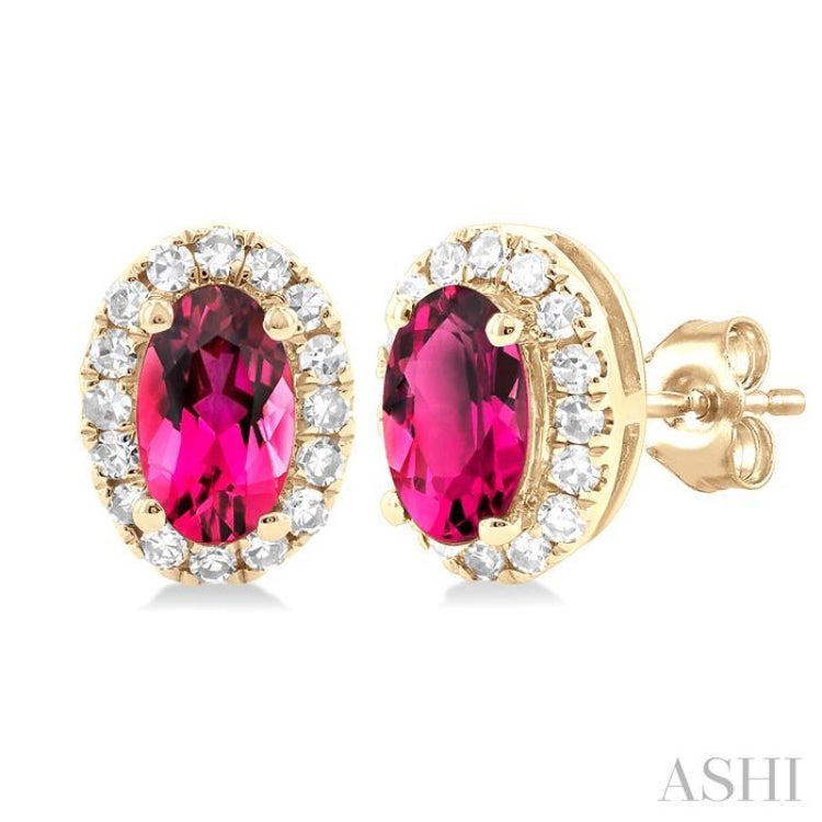 5x3 MM Oval Shape Pink Tourmaline and 1/8 Ctw Single Cut Diamond Halo Semi-Precious Stud Earrings in 10K Yellow Gold