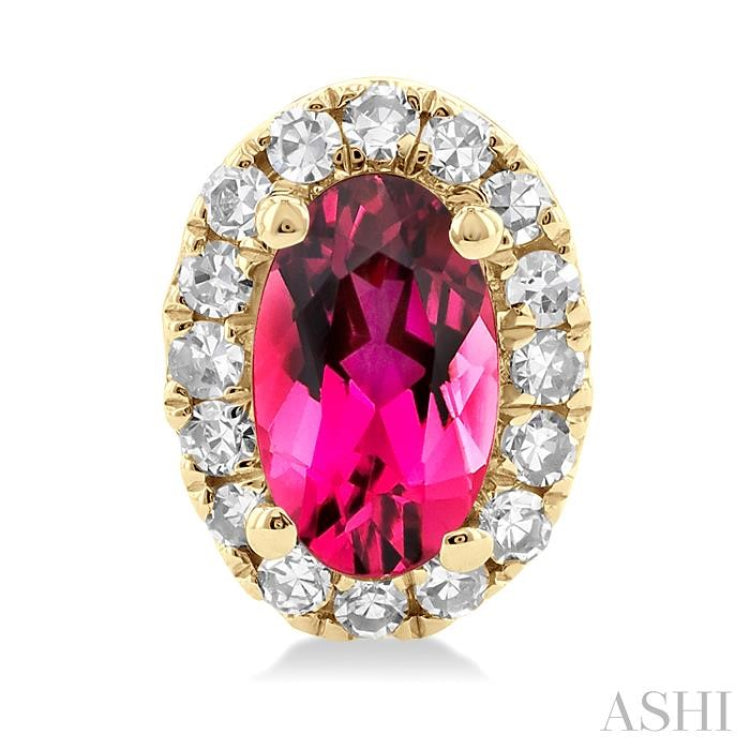 5x3 MM Oval Shape Pink Tourmaline and 1/8 Ctw Single Cut Diamond Halo Semi-Precious Stud Earrings in 10K Yellow Gold