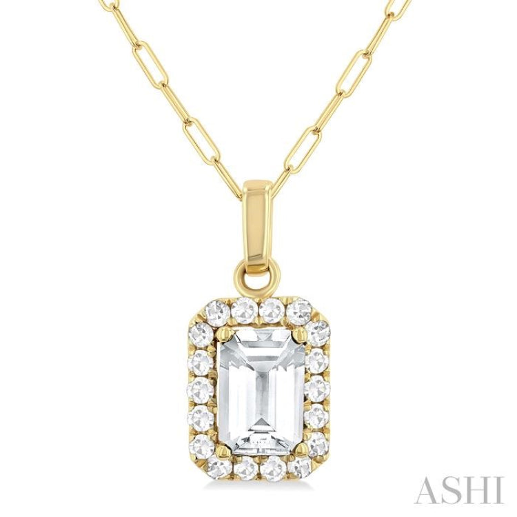 6x4 MM Octagonal Shape White Topaz and 1/6 Ctw Round Cut Diamond Halo Semi-Precious Pendant with Chain in 14K Yellow Gold