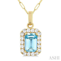 6x4 MM Octagonal Shape Aquamarine and 1/6 Ctw Round Cut Diamond Halo Semi-Precious Pendant with Chain in 14K Yellow Gold