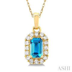 5x3 MM Octagonal Shape Blue Topaz and 1/20 Ctw Single Cut Diamond Halo Semi-Precious Pendant with Chain in 14K Yellow Gold