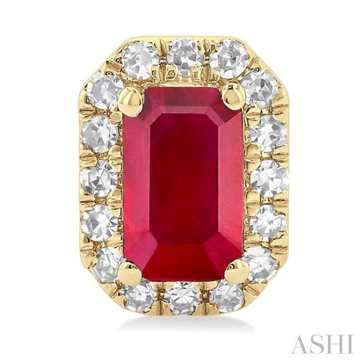 5x3 MM Octagonal Shape Ruby and 1/8 Ctw Single Cut Diamond Halo Precious Stud Earrings in 10K Yellow Gold