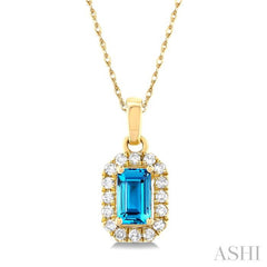 5x3 MM Octagonal Shape Blue Topaz and 1/20 Ctw Single Cut Diamond Halo Semi-Precious Pendant with Chain in 10K Yellow Gold