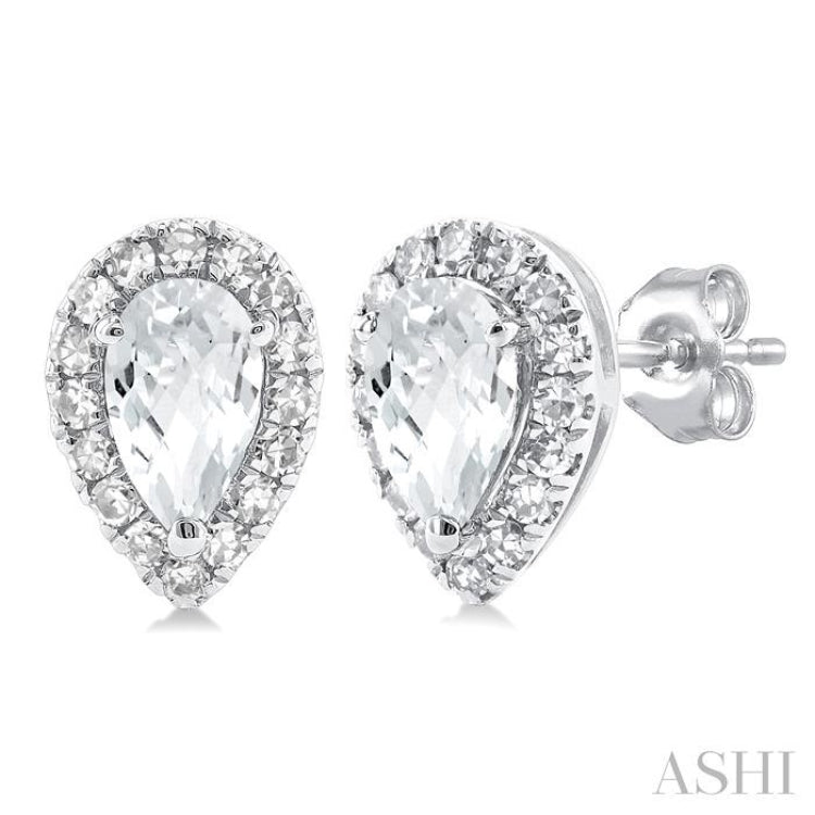 5x3 MM Pear Shape White Topaz and 1/8 Ctw Single Cut Diamond Halo Semi-Precious Stud Earrings in 14K White Gold