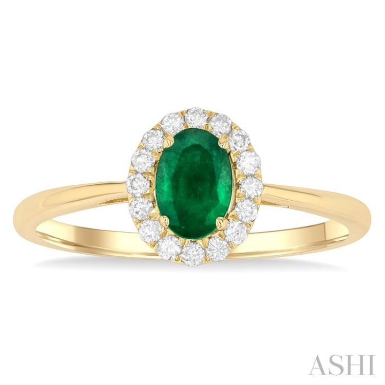 6x4 MM Oval Shape Emerald and 1/6 Ctw Round Cut Diamond Halo Precious Ring in 14K Yellow Gold