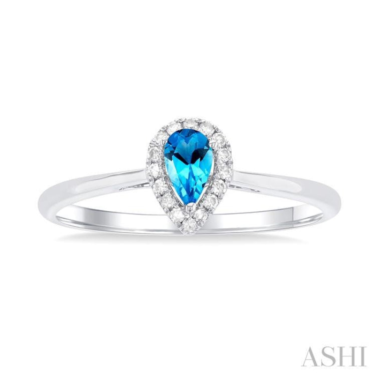 5x3 MM Pear Shape Blue Topaz and 1/20 Ctw Single Cut Diamond Halo Semi-Precious Ring in 14K White Gold