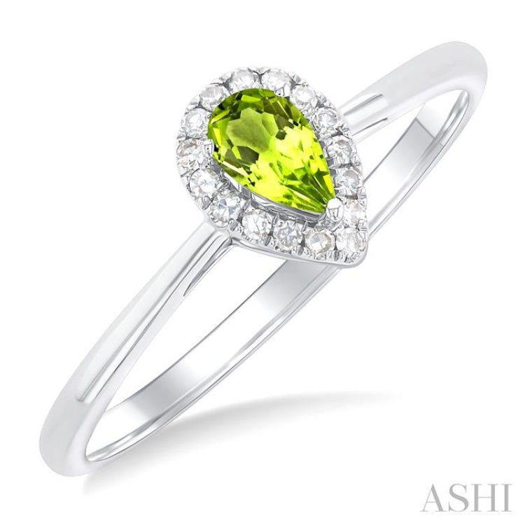 5x3 MM Pear Shape Peridot and 1/20 Ctw Single Cut Diamond Halo Semi-Precious Ring in 14K White Gold