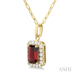 6x4 MM Octagonal Shape Garnet and 1/6 Ctw Round Cut Diamond Halo Semi-Precious Pendant with Chain in 10K Yellow Gold