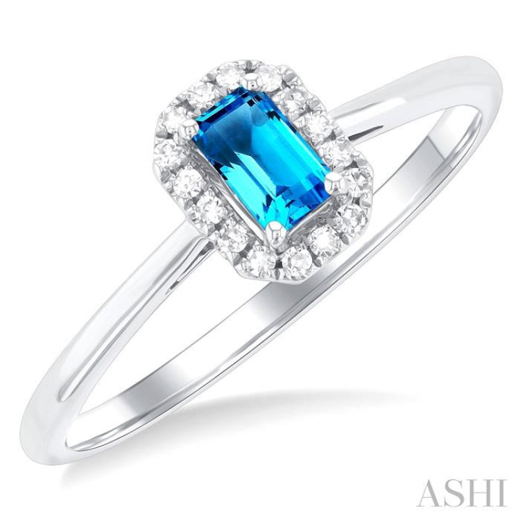 5x3 MM Octagonal Shape Blue Topaz and 1/20 Ctw Single Cut Diamond Halo Semi-Precious Ring in 14K White Gold