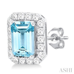 6x4 MM Octagonal Shape Aquamarine and 1/4 Ctw Round Cut Diamond Halo Semi-Precious Stud Earrings in 14K White Gold