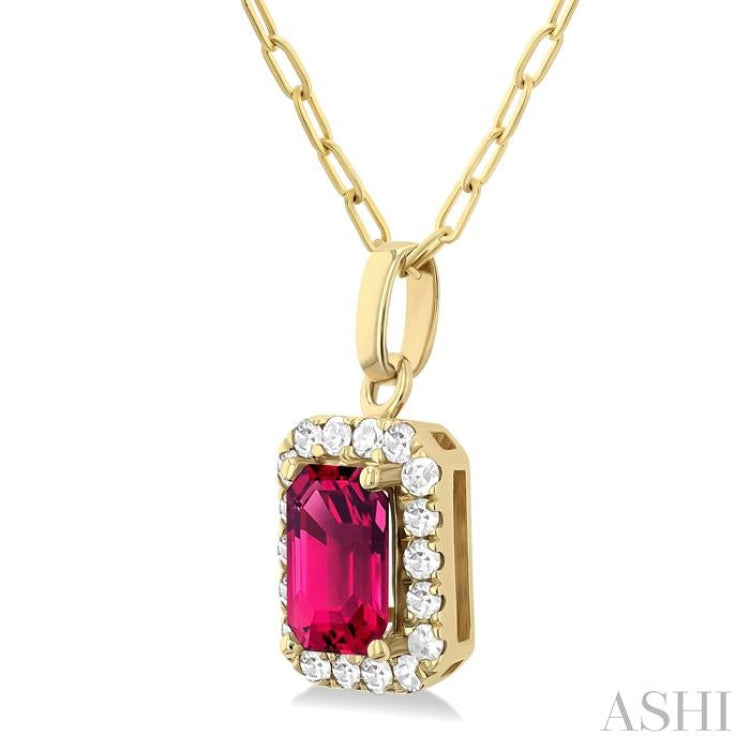 6x4 MM Octagonal Shape Pink Tourmaline and 1/6 Ctw Round Cut Diamond Halo Semi-Precious Pendant with Chain in 10K Yellow Gold