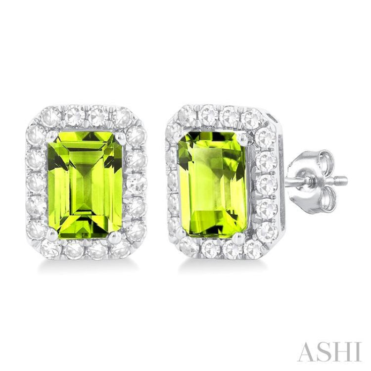 6x4 MM Octagonal Shape Peridot and 1/4 Ctw Round Cut Diamond Halo Semi-Precious Stud Earrings in 10K White Gold