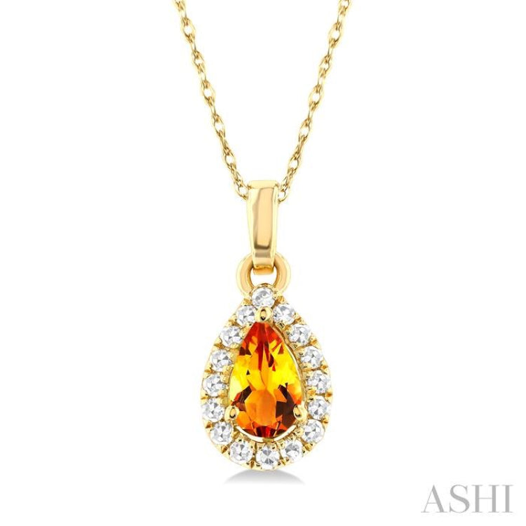 5x3 MM Pear Shape Citrine and 1/20 Ctw Single Cut Diamond Halo Semi-Precious Pendant with Chain in 10K Yellow Gold