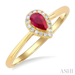 5x3 MM Pear Shape Ruby and 1/20 Ctw Single Cut Diamond Halo Precious Ring in 10K Yellow Gold