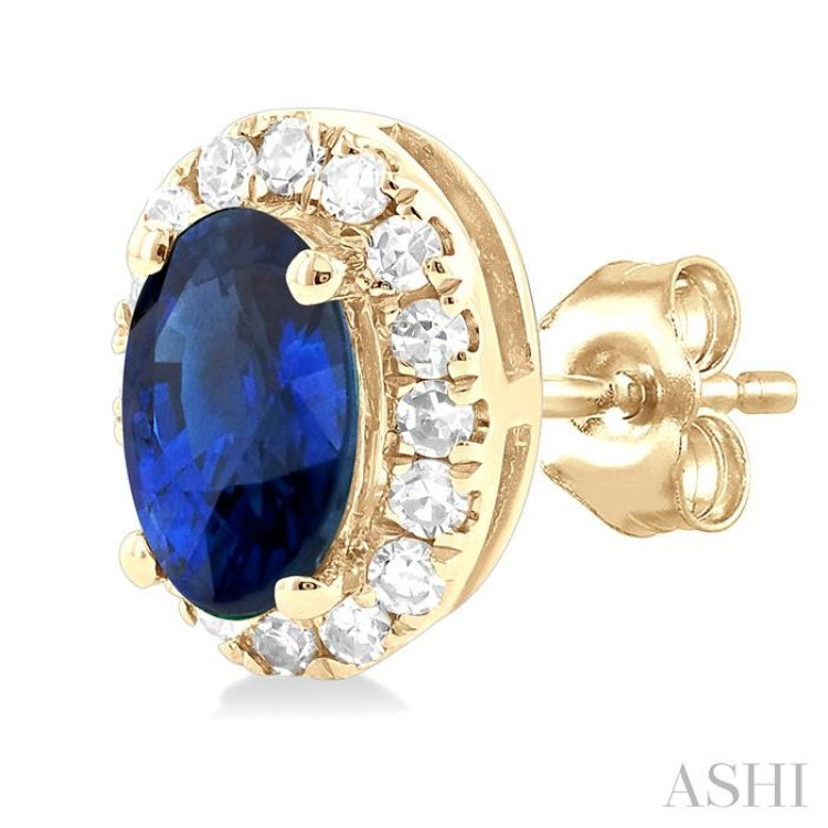 5x3 MM Oval Shape Sapphire and 1/8 Ctw Single Cut Diamond Halo Precious Stud Earrings in 10K Yellow Gold