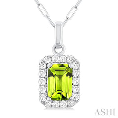 6x4 MM Octagonal Shape Peridot and 1/6 Ctw Round Cut Diamond Halo Semi-Precious Pendant with Chain in 14K White Gold