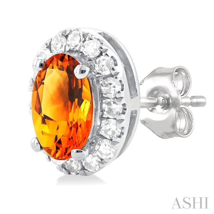 5x3 MM Oval Shape Citrine and 1/8 Ctw Single Cut Diamond Halo Semi-Precious Stud Earrings in 14K White Gold