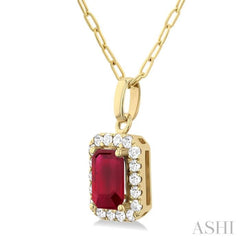 6x4 MM Octagonal Shape Ruby and 1/6 Ctw Round Cut Diamond Halo Precious Pendant with Chain in 14K Yellow Gold