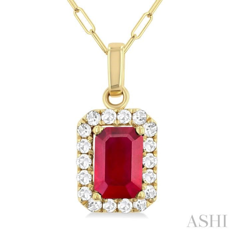 6x4 MM Octagonal Shape Ruby and 1/6 Ctw Round Cut Diamond Halo Precious Pendant with Chain in 14K Yellow Gold