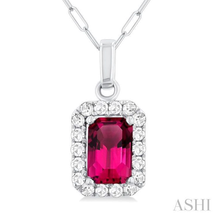 6x4 MM Octagonal Shape Pink Tourmaline and 1/6 Ctw Round Cut Diamond Halo Semi-Precious Pendant with Chain in 10K White Gold