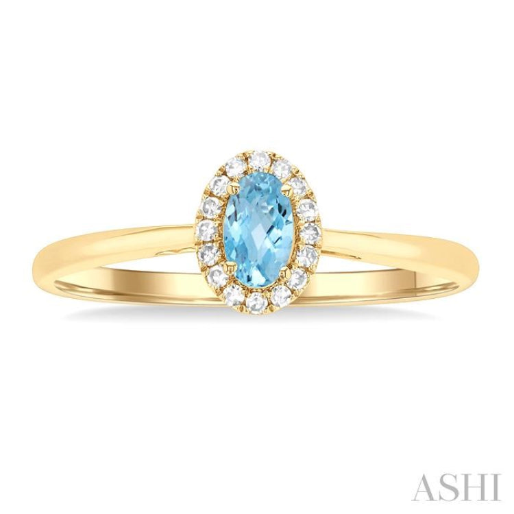 5x3 MM Oval Shape Aquamarine and 1/20 Ctw Single Cut Diamond Halo Semi-Precious Ring in 14K Yellow Gold